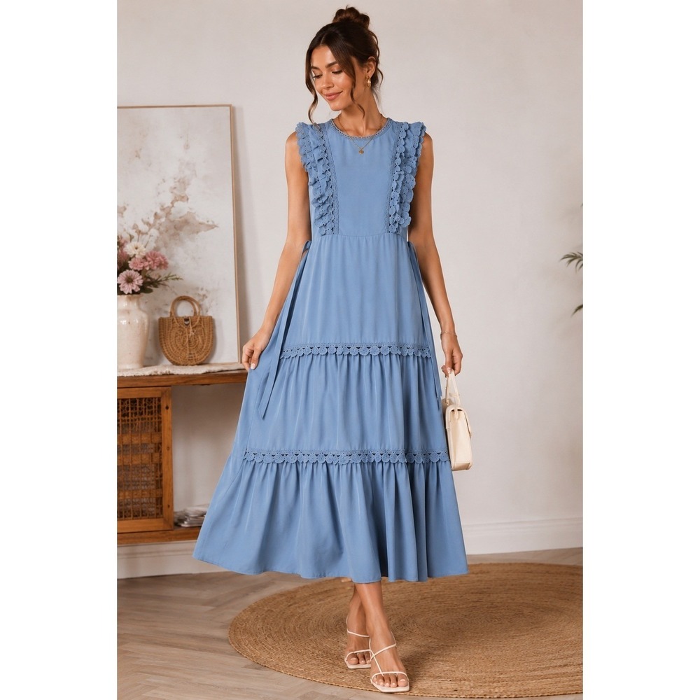 SHEIN Blue Crochet Lace Tiered Midi Dress Sleeveless Ruffle Trim Size Medium